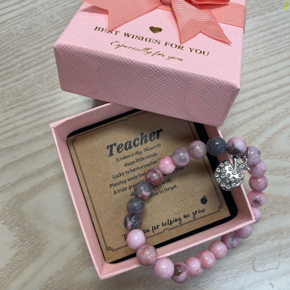 Pink and Gray Beaded Bracelet with Heart Charm